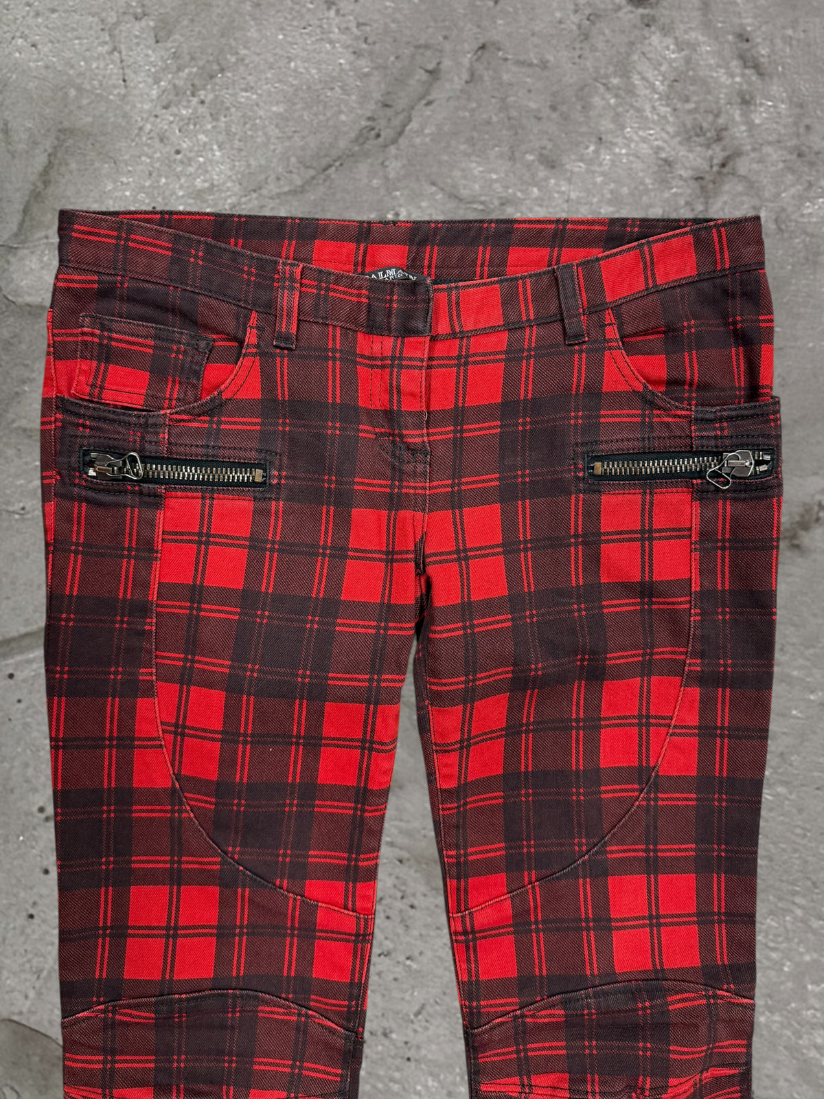 BALMAIN AW08 TARTAN BIKER DENIM JEANS
