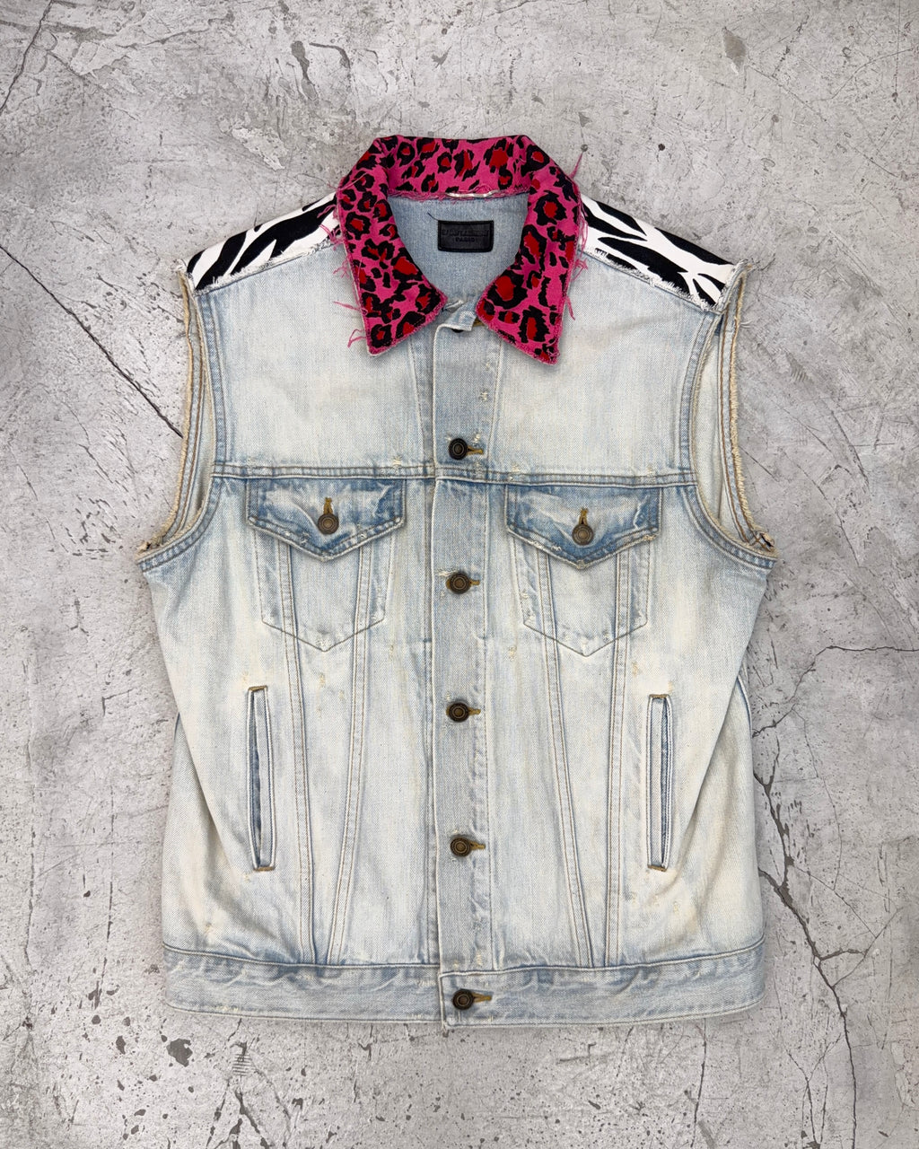 SAINT LAURENT SS16 ANIMAL PRINT PANELLED DENIM GILET